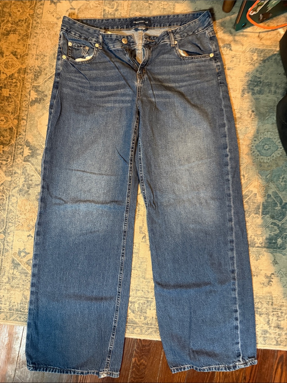 Aeropostale Women's Wide-Leg Jeans in Dark Blue Denim